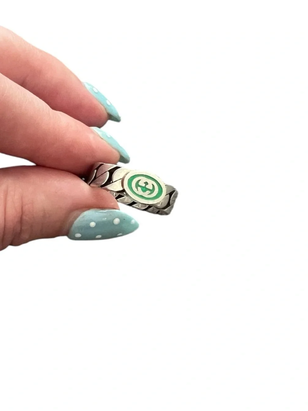 GUCCI Interlocking G Green Enamel Sterling Silver Ring - size US 7.25 - Picture 1 of 10